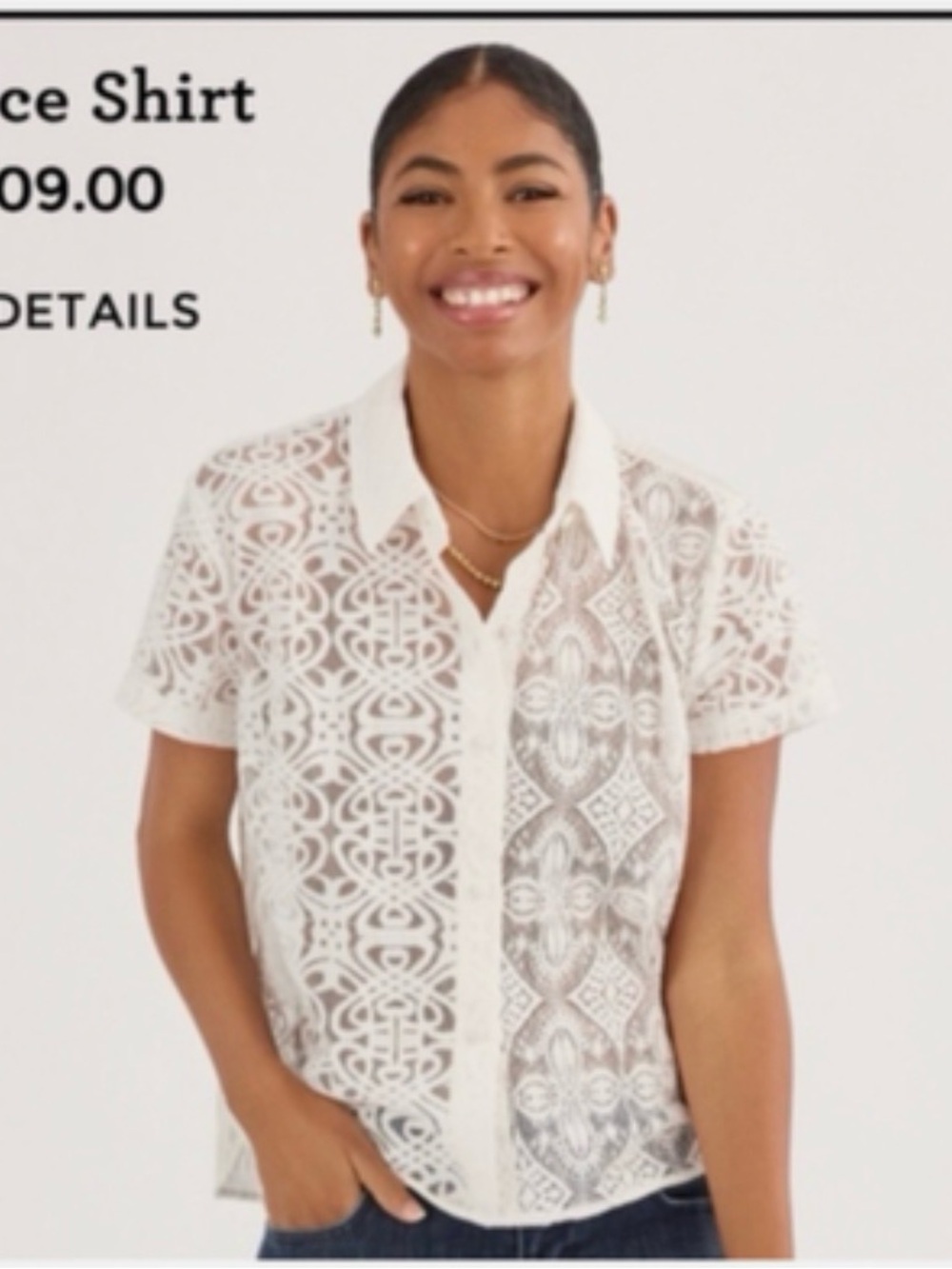 Cabi White Lace Short-Sleeve Button-Up Shirt